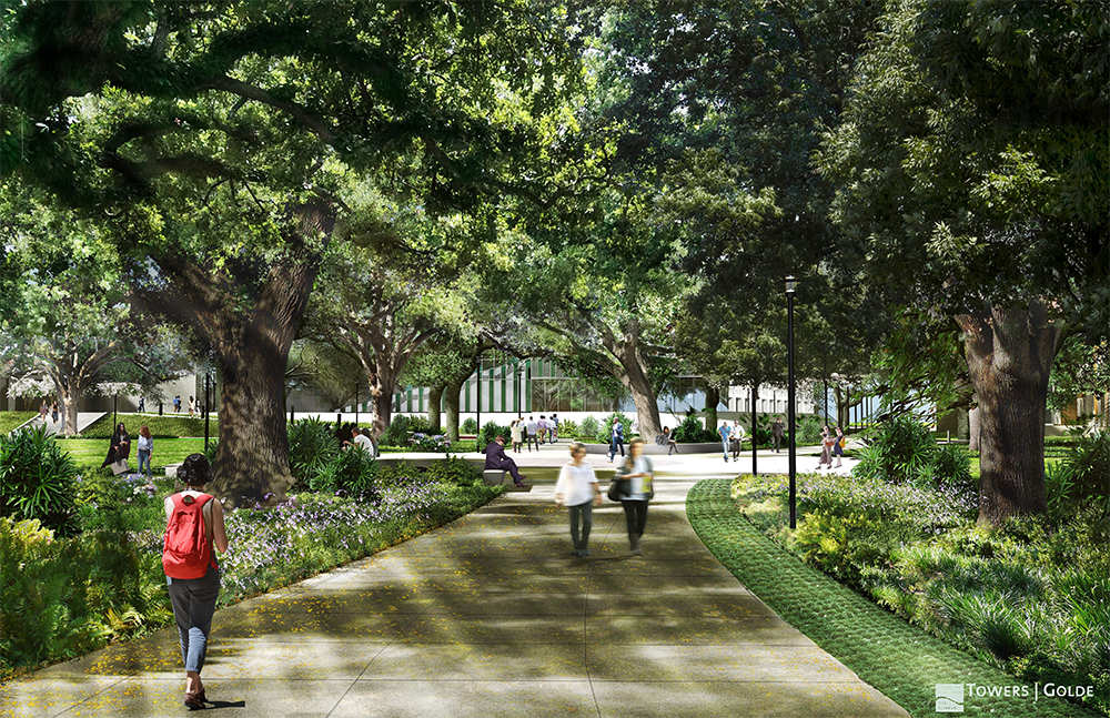 A photo rendering of Unified Green that shows people walking on campus through a green space.