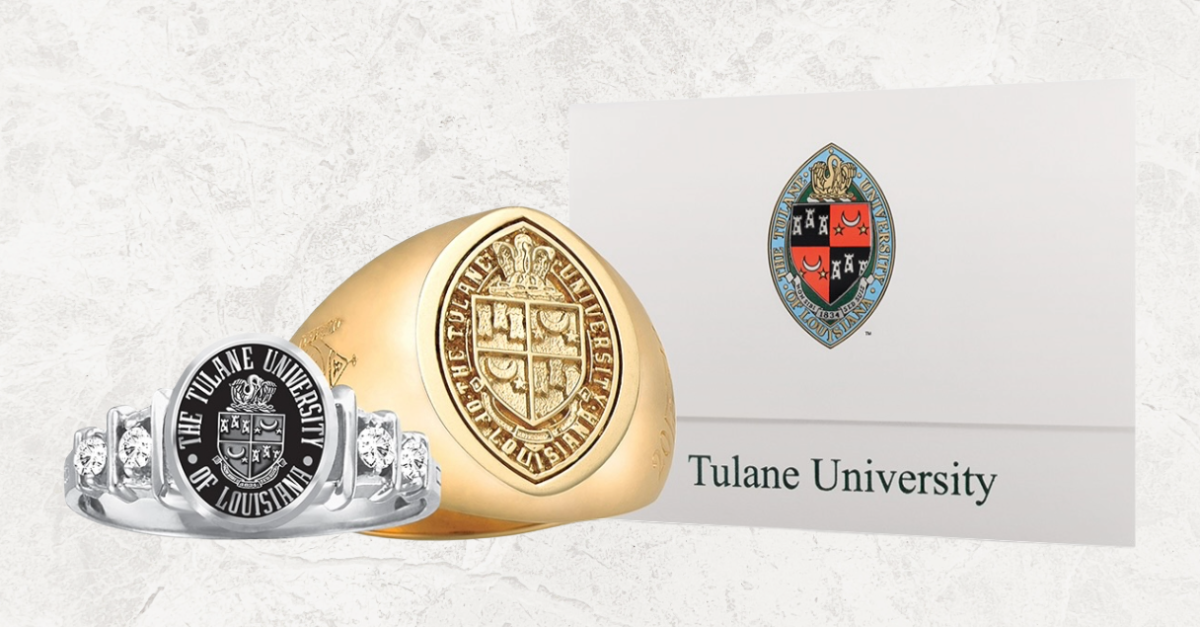 A photo collage of two Tulane University rings and graduation invitation.